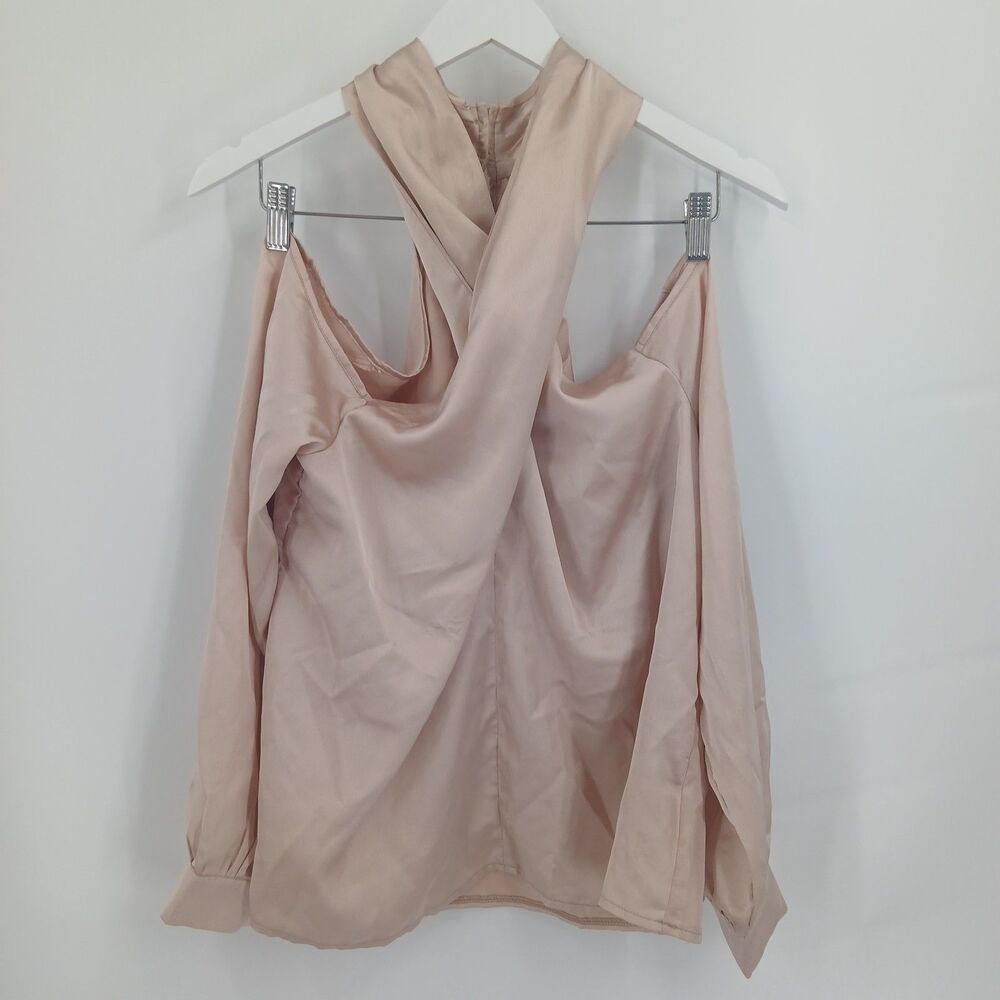 Shein blush Pink Cold Shoulder Halter Neck Blouse Size XL chic long sleeve